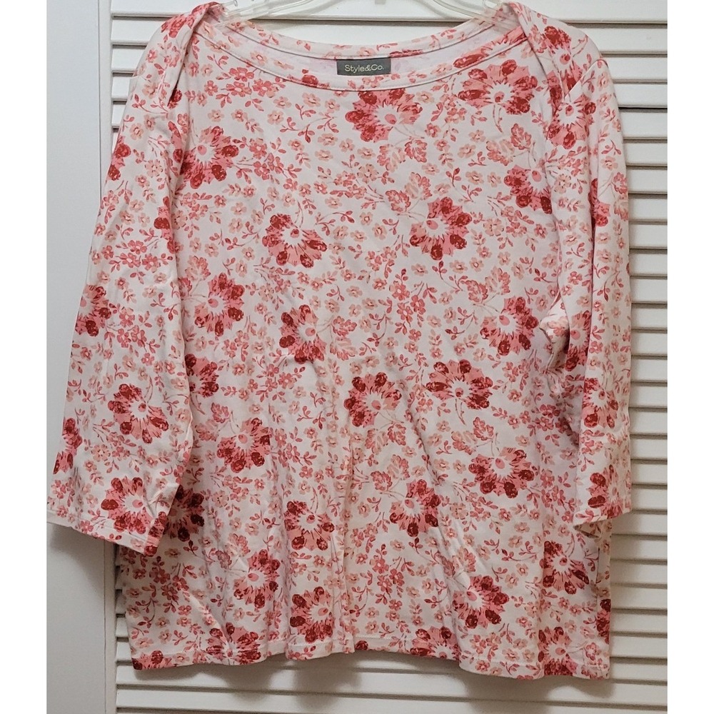 Womens Plus 2X Floral Boat Neck 3/4 Sleeve 100% Supima Cotton  Style & Co